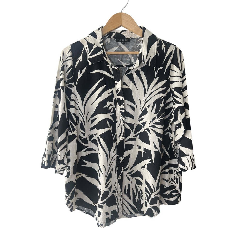 Rachel‎ Zoe 1X Linen Blend Tropical Palm Leaf Resort Vacation Button Up Blouse